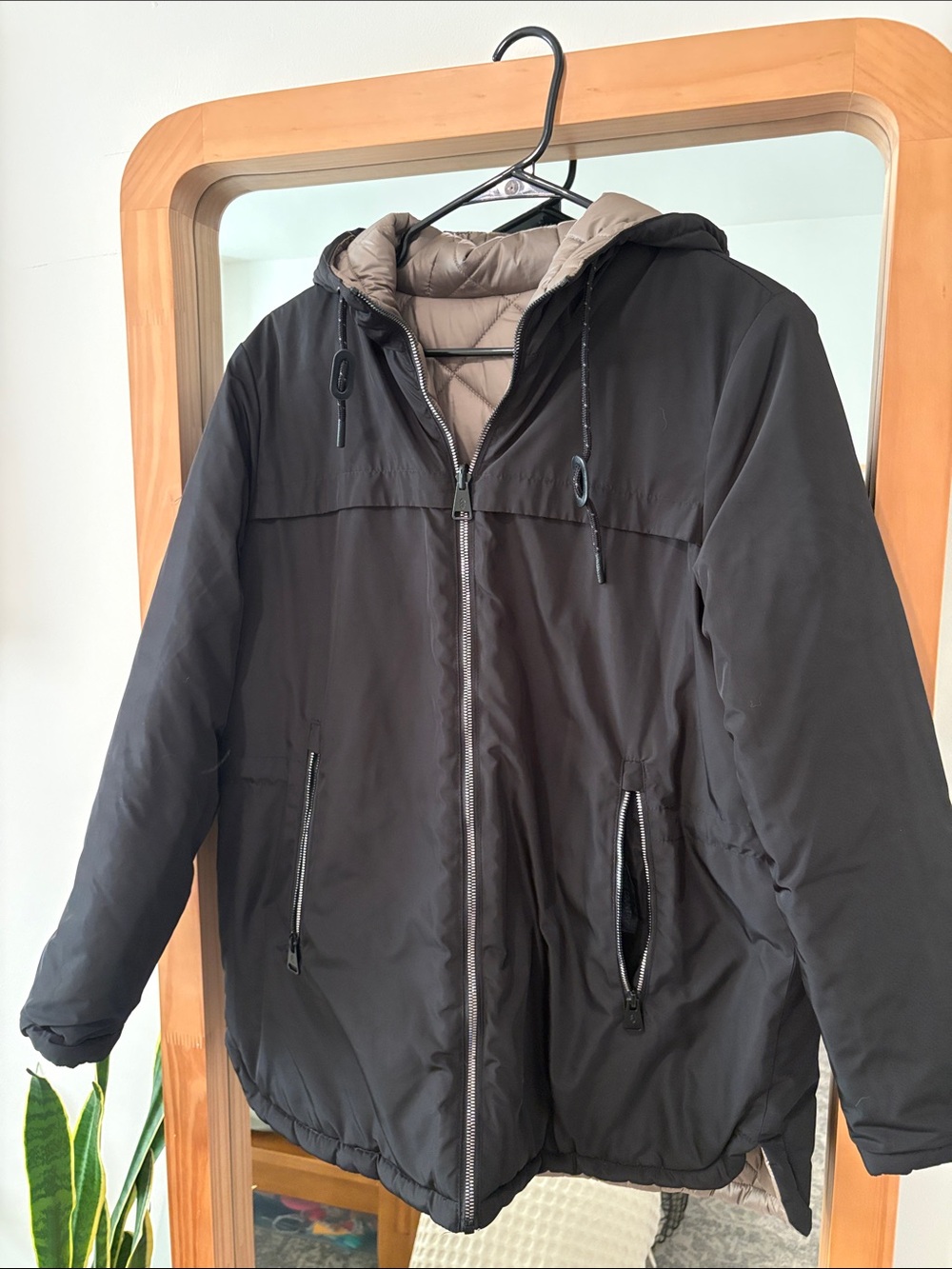 Free Country Reversible Hooded Puffer Jacket in quilted Taupe/solid Black